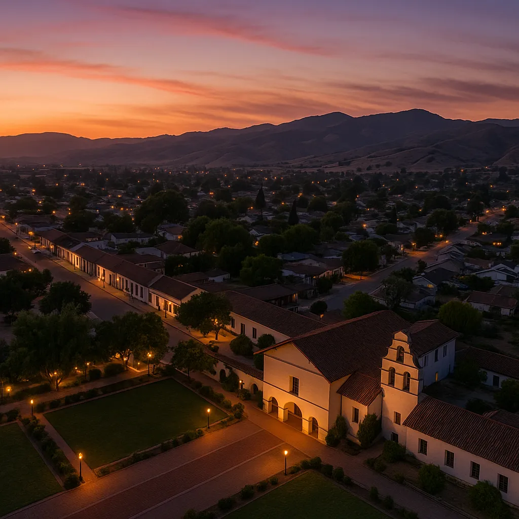 Aerial twilight view of San Juan Bautista’s Mission San Juan Bautista with its white stucco walls and red tile roof illuminated in the foreground, a row of historic adobe structures lining the main street, and the Gabilan Range hills fading into a rosy dusk sky.